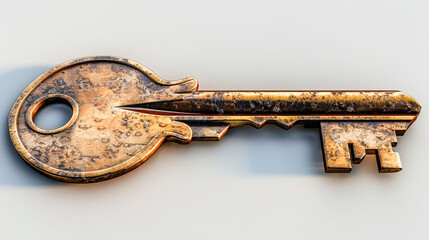 An old, vintage key with a rustic and corroded surface laying on a plain background, possibly made of brass or bronze.