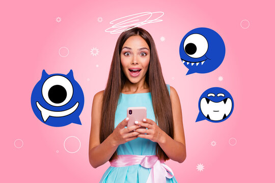 Composite collage picture image of afraid shocked female hold gadget monster face show different mood fantasy billboard comics zine minimal