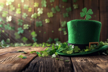 AI generated illustration of a green hat and shamrock leaves on a wooden surface
