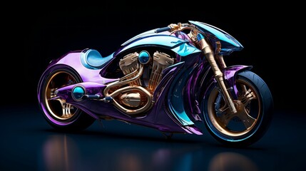 AI generated illustration of a blue and pink motorcycle parked against a black background