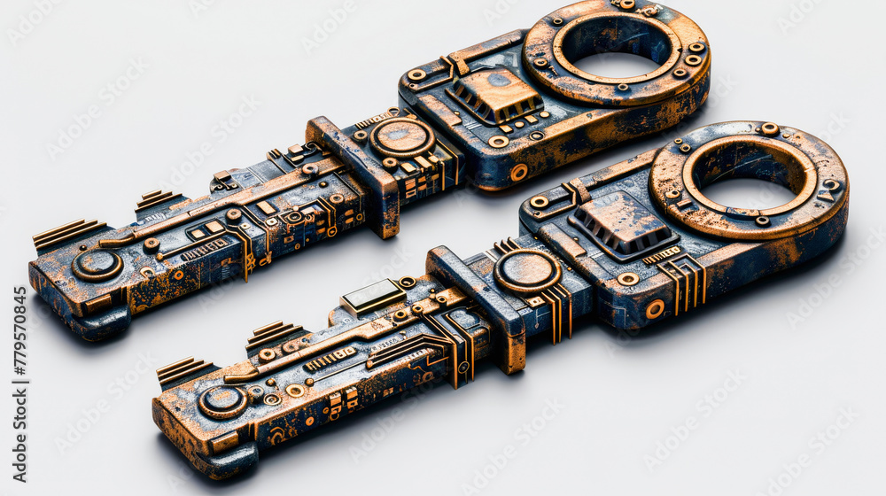 Poster two ornate, steampunk-style keys with intricate metallic designs and gear-like structures on a light