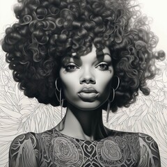 AI generated illustration of a beautiful female with an afro in a grayscale style