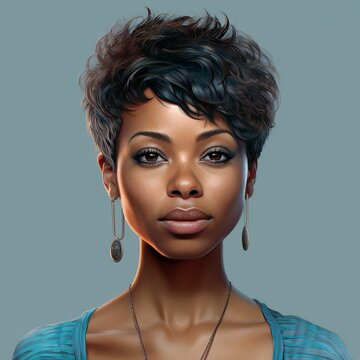 AI generated illustration of a beautiful African American female with a pixie cut hairstyle