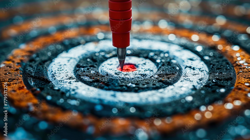 Poster Close-up of a dart hitting the bullseye on a dartboard, symbolizing precision and success in target achievement.