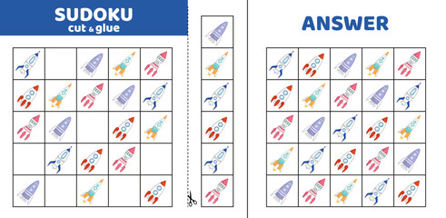 Sudoku with five rockets. Game puzzle for little kids. Cut and glue. Cartoon