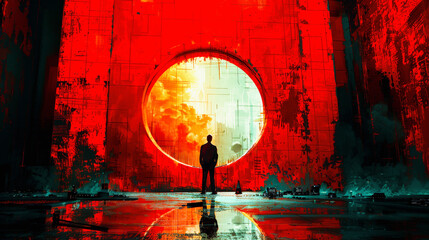 A person standing in front of a giant, glowing red circle in a dark, abstract, and dystopian environment. - obrazy, fototapety, plakaty