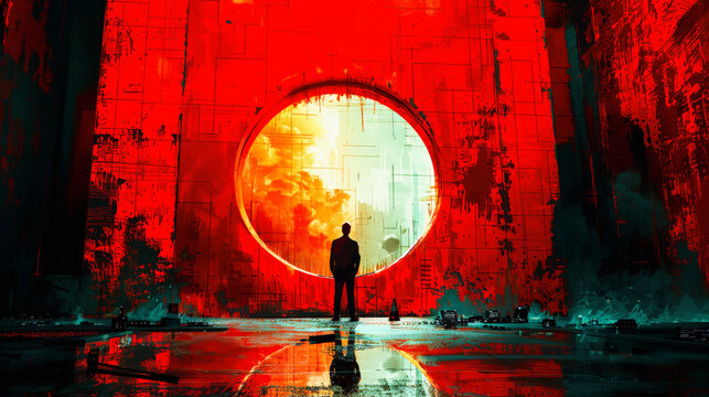 A person standing in front of a giant, glowing red circle in a dark, abstract, and dystopian environment.