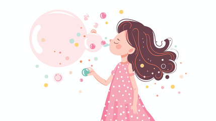 Cute girl in pink dress blowing bubbles. Flat design.