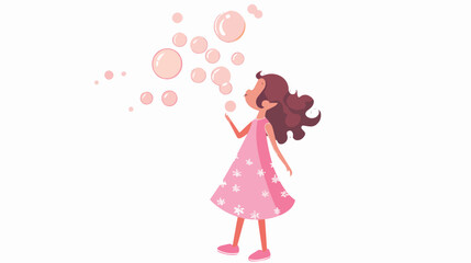 Cute girl in pink dress blowing bubbles. Flat design.