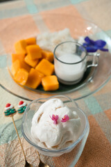 Mango sticky rice: Sweet sticky rice served with fresh mango and coconut milk.Southeast Asia.Ramadan foods.