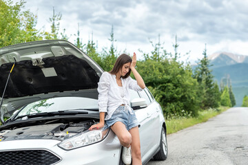 Portrait of young woman standing near broken car during trip, summer time