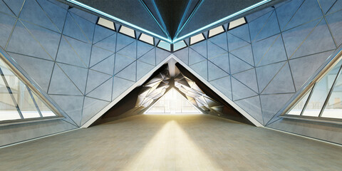 Futuristic geometric interior design with skylight