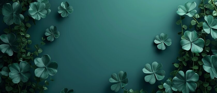 AI generated illustration of copyspace on a dark green background with shamrock leaves