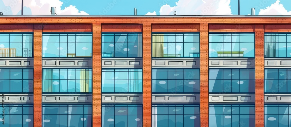 Poster a skyscraper with numerous windows against a clear blue sky, showcasing modern urban design in a rec