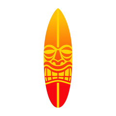 Logo club de surf en Hawái. Silueta de máscara tiki en tabla de surf