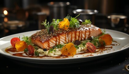AI generated  juicy salmon with aromatic side dishes