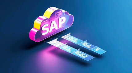 Cloud Computing Data Management connected to floating data neon icons on blue gradient background. SAP technology - obrazy, fototapety, plakaty