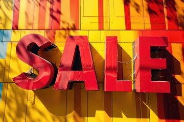 Striking SALE signage with vibrant red and yellow hues, casting shadows on a sunny modern facade