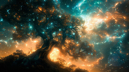 An artistic illustration of a majestic tree with sprawling branches set against a starry, nebula-filled cosmic background. - obrazy, fototapety, plakaty