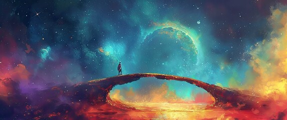 Obraz na płótnie Canvas A person crossing a natural bridge, with planets hovering above 🌉🪐 Explore a surreal world of wonder and imagination! #CelestialBridge
