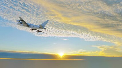 An unbranded commercial airplane flying off into the sunset - seamless looping.