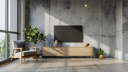 Naklejka na ściany i meble Elevate Your Living: Integrated Wall-Mounted TV Cabinet with Contemporary Armchair
