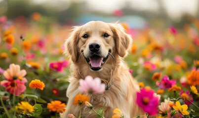 cute dog in flowers, Generative AI  - obrazy, fototapety, plakaty