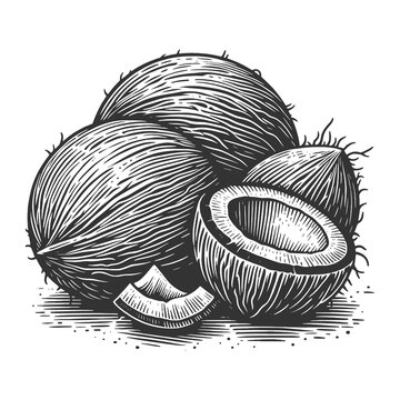 Coconut whole and sliced, a tropical fruit staple sketch engraving generative ai raster illustration. Scratch board imitation. Black and white image.