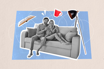 Creative trend collage of cute couple sit couch cozy weekend love spend time together weird freak...