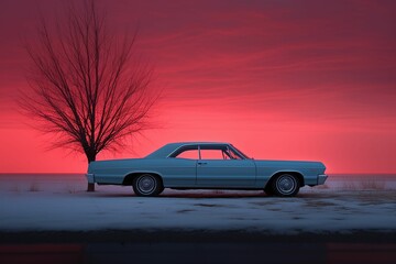 AI generated illustration of a car parked in the snow at sunset with a red sky in the background