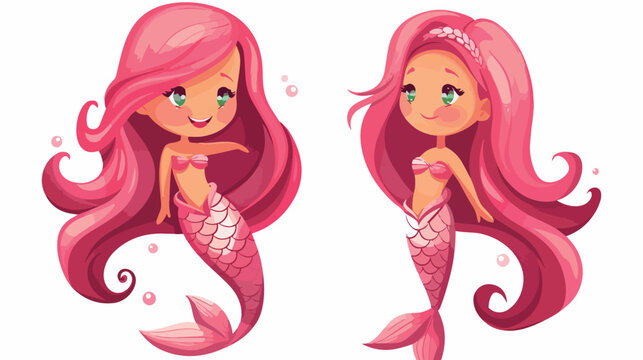 Cute smiling mermaid girl with pink long hair braided
