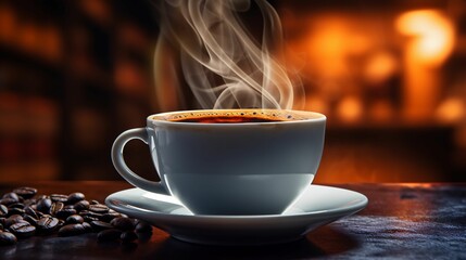 AI generated illustration of a cup filled with freshly brewed black coffee on a wooden table - obrazy, fototapety, plakaty