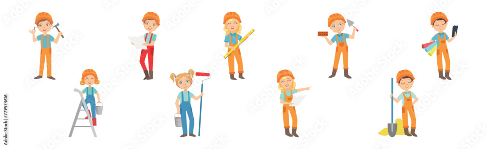 Poster little kid builder character wearing hard hat with construction tool executing work vector set