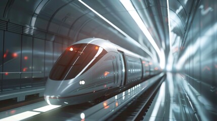 White Train Traveling Through Light-Filled Tunnel
