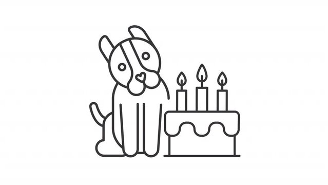Pet party line animation. Animated dog with cake icon. Pet adoption celebration. Pet event organization. Black illustration on white background. HD video with alpha channel. Motion graphic