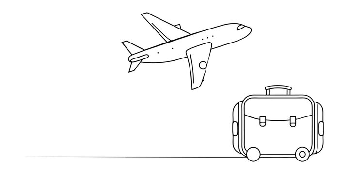 recommend clip art: Travel suitcase with vector, travel suitcase with luggage, Suitcase and airplane in One continuous line drawing. Air trip and journey banner. Doodle outline vector illustration