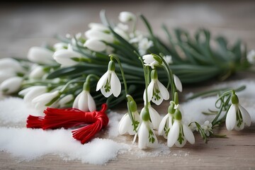 red tassel on snow covered stems and flowers in a bunch - obrazy, fototapety, plakaty