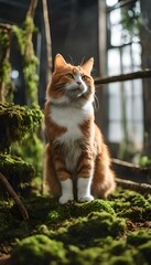 Naklejka na ściany i meble an orange and white cat stands in front of some moss