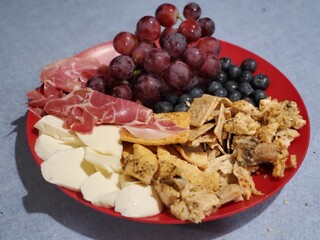 Closeup of a plate with different types of food. Grapes, ham, cheese, meat, crackers.