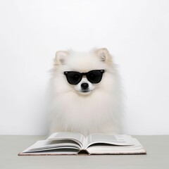 AI generated illustration of an adorable small white dog wearing black glasses and reading a book