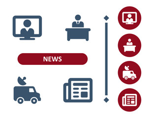 News Icons. Journalism, Press, Media, TV, News Anchor, Presenter, News Van, Newspaper Icon