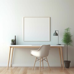 AI generated illustration of a modern office space with a white desk and an empty frame on the wall