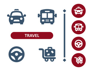 Travel icons. Tourism, cab, taxi, bus, steering wheel, luggage, baggage icon - obrazy, fototapety, plakaty