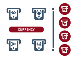 Currency icons. Dollar, euro, pound, pound sterling, yen, yuan, cash, ATM, bill, banknote, money icon
