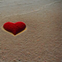 a red heart is laying on the sand with water behind it
