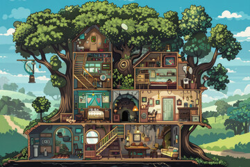 A 2D retro rpg game style of a cross-section of a treehouse with various rooms