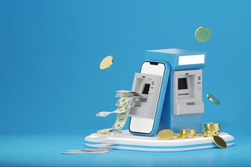3D Rendering ATM and smartphone with dollar bill ,Financial and banking about online banking on mobile portable smart phone.