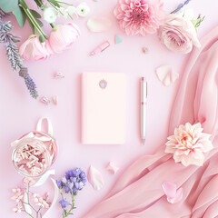 AI-generated illustration of an elegant display of a notepad with pen in pastel pink hues