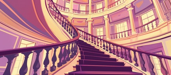 An illustration of a purple spiral staircase in a building, with symmetrical balusters and a handrail. The fixture leads to a door at the top, adding to the real estates charm - obrazy, fototapety, plakaty