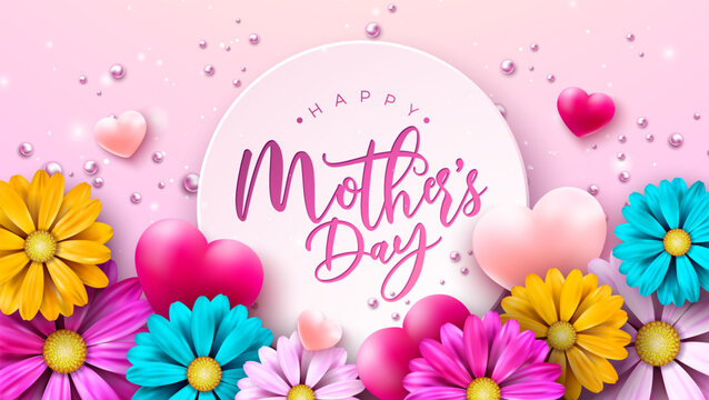 Happy Mother's Day Postcard Illustration with Spring Flower and Typography Letter on Pink Background. Mother Day Vector Celebration Design for Banner, Greeting Card, Flyer, Invitation, Brochure